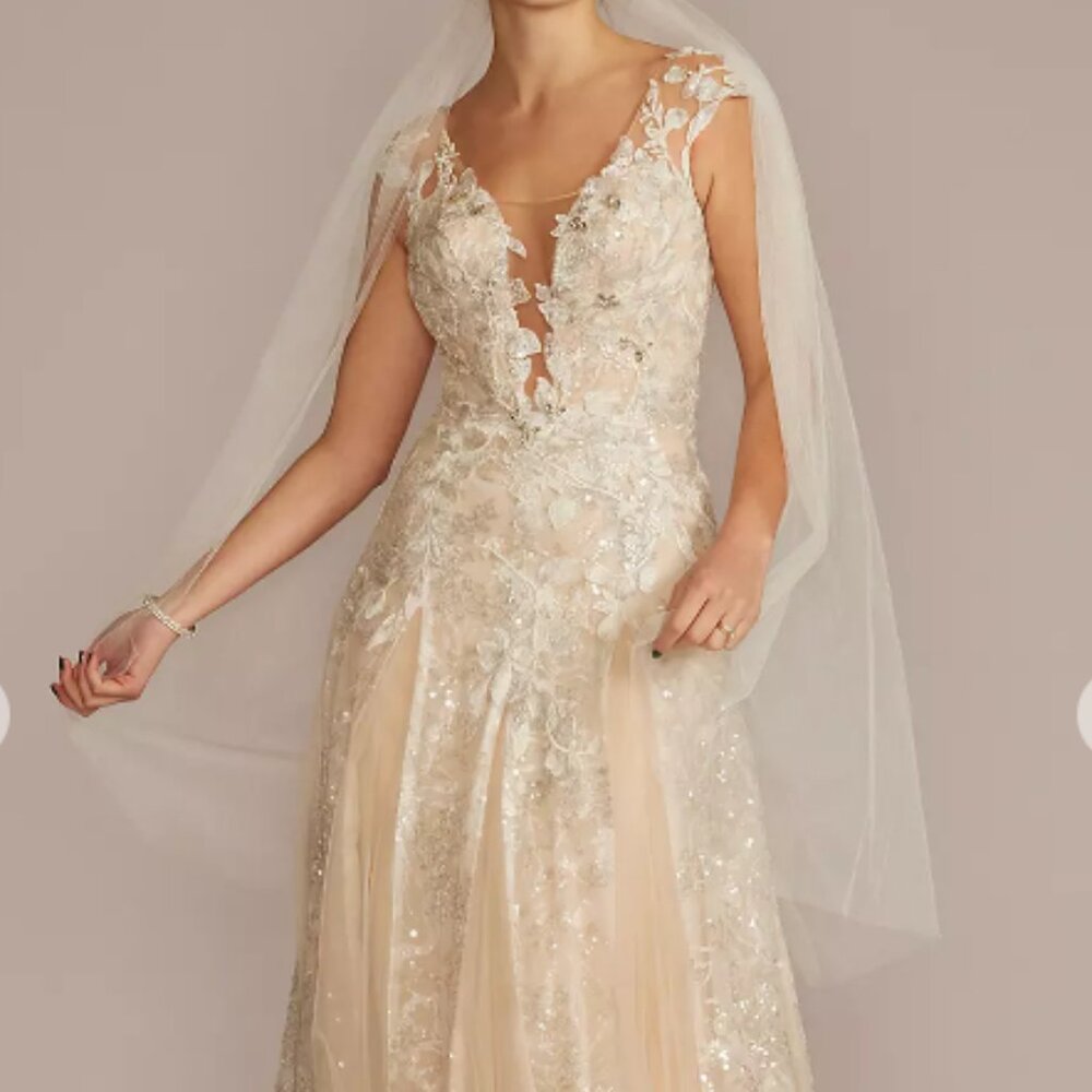 GALINA SIGNATURE Illusion Embellished Drop Waist Wedding Dress SWG917 Size 26W